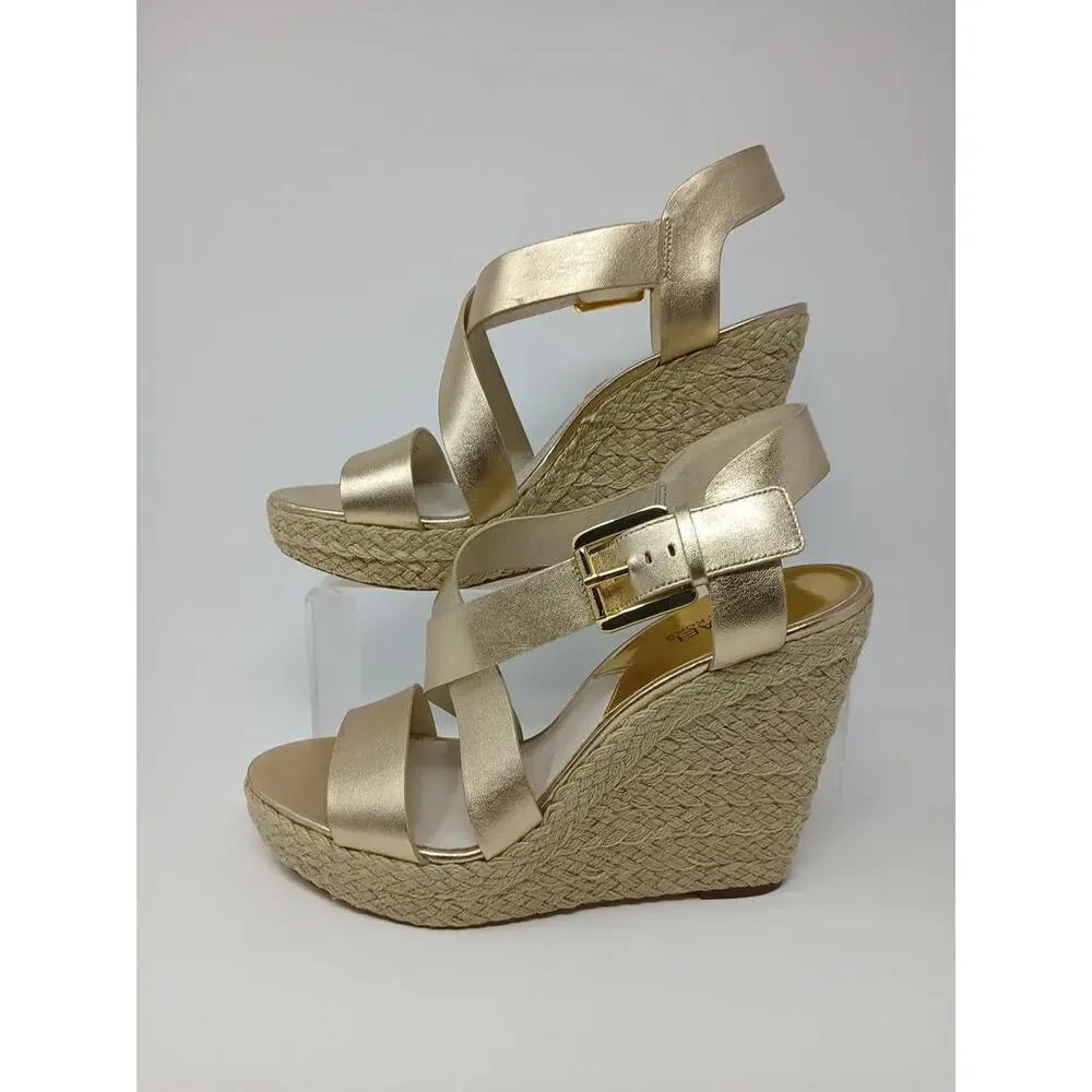 Michael Kors Giovanna MK Logo Pale Gold Espadrille Wedge Women’s US Size 10M New